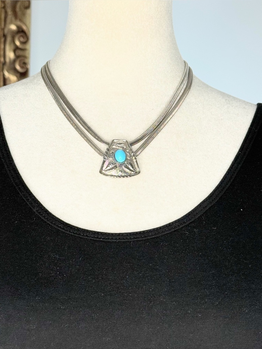 Silver Tone Double Strand Snake Chain Turquoise Cabochon Pendant Necklace